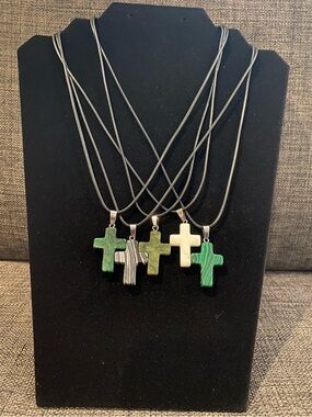 Buyers Choice! Natural stone Cross Necklaces - on black corded fabric chain